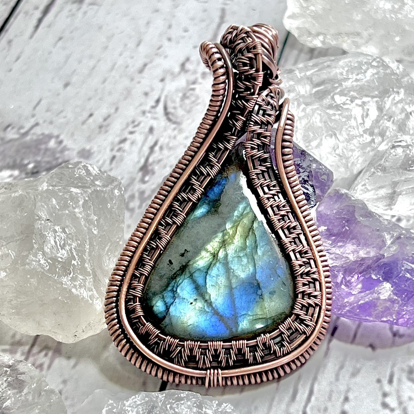 Labradorite Asymmetric Woven Copper Pendant