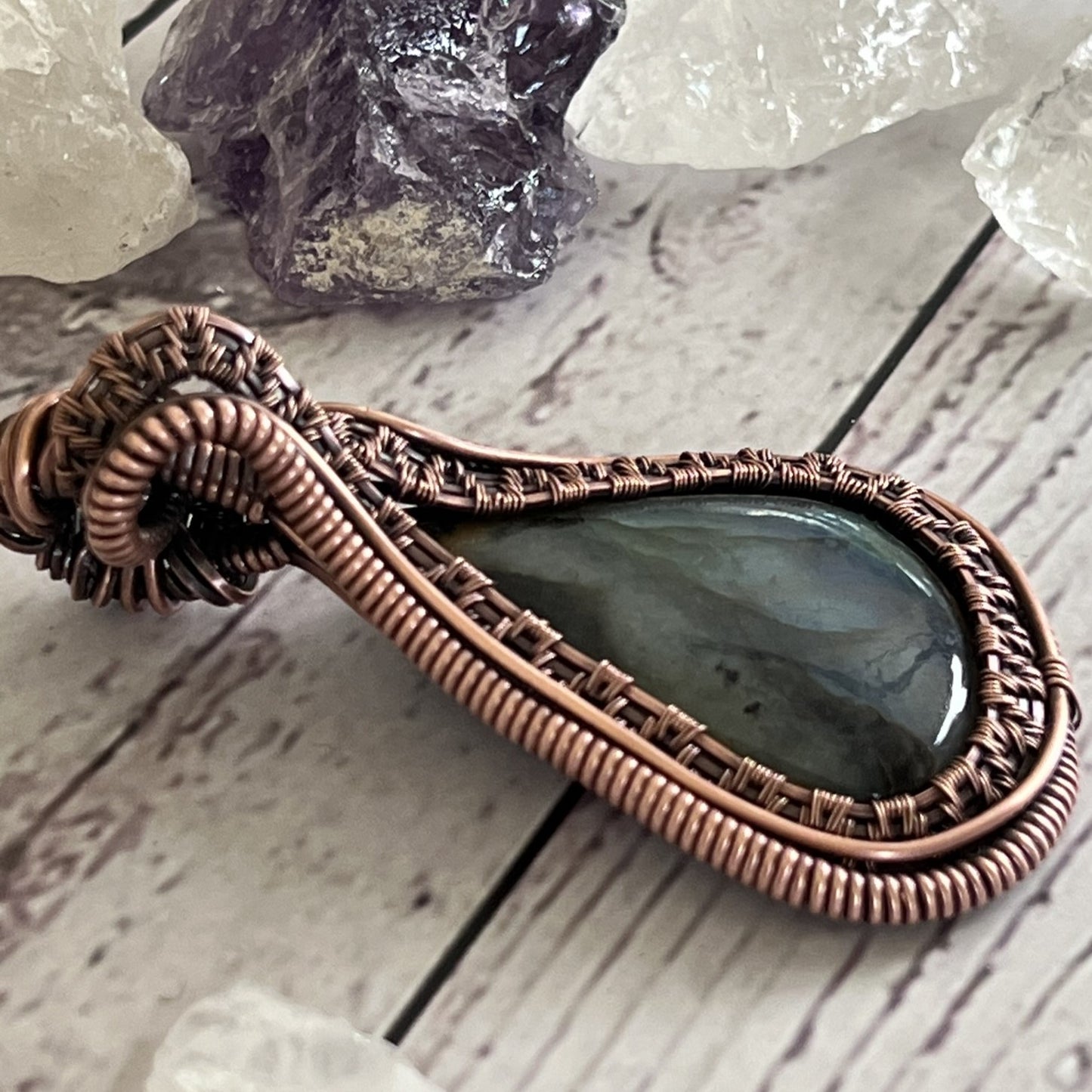 Labradorite Asymmetric Woven Copper Pendant