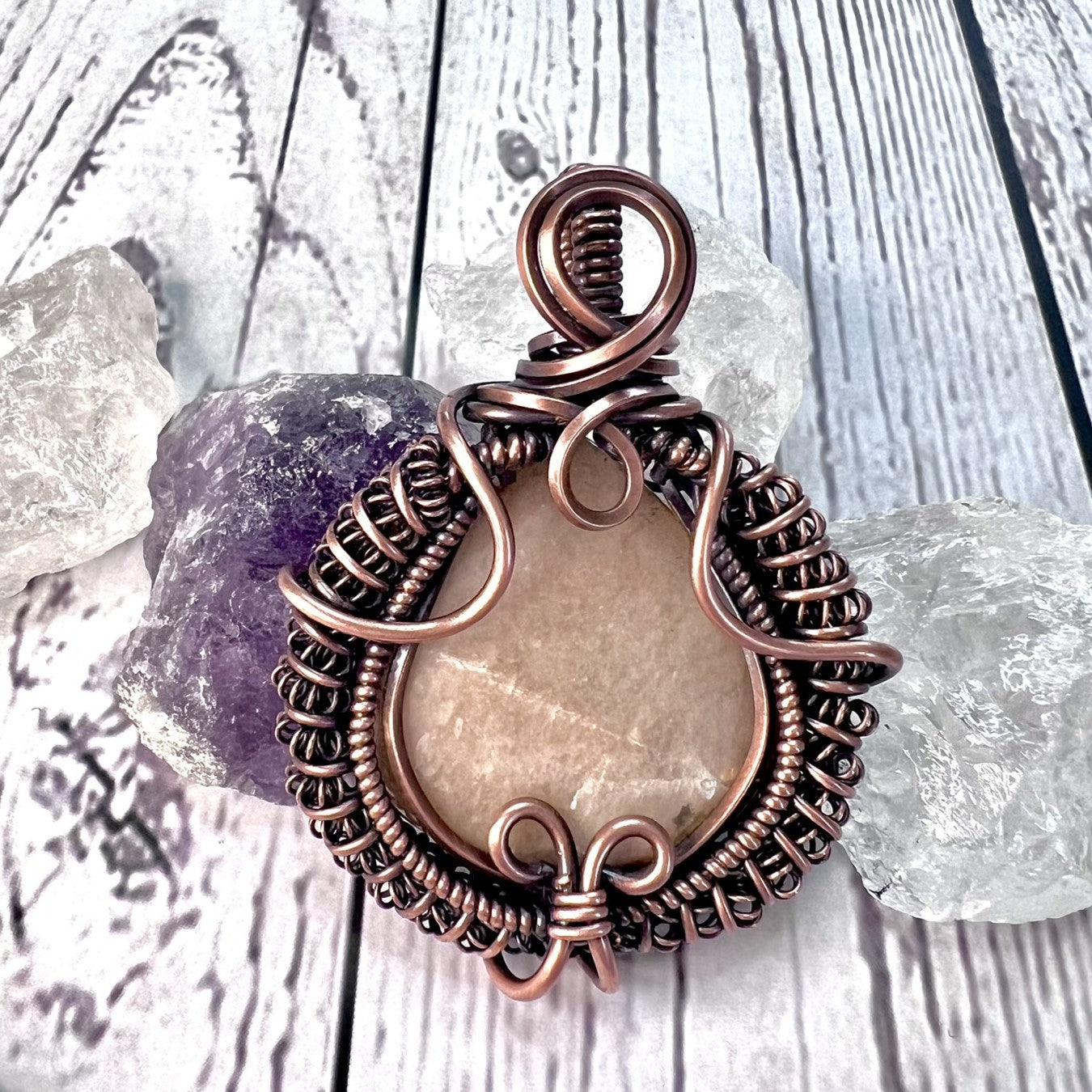 Peach Moonstone Copper Coil Wrapped Pendant