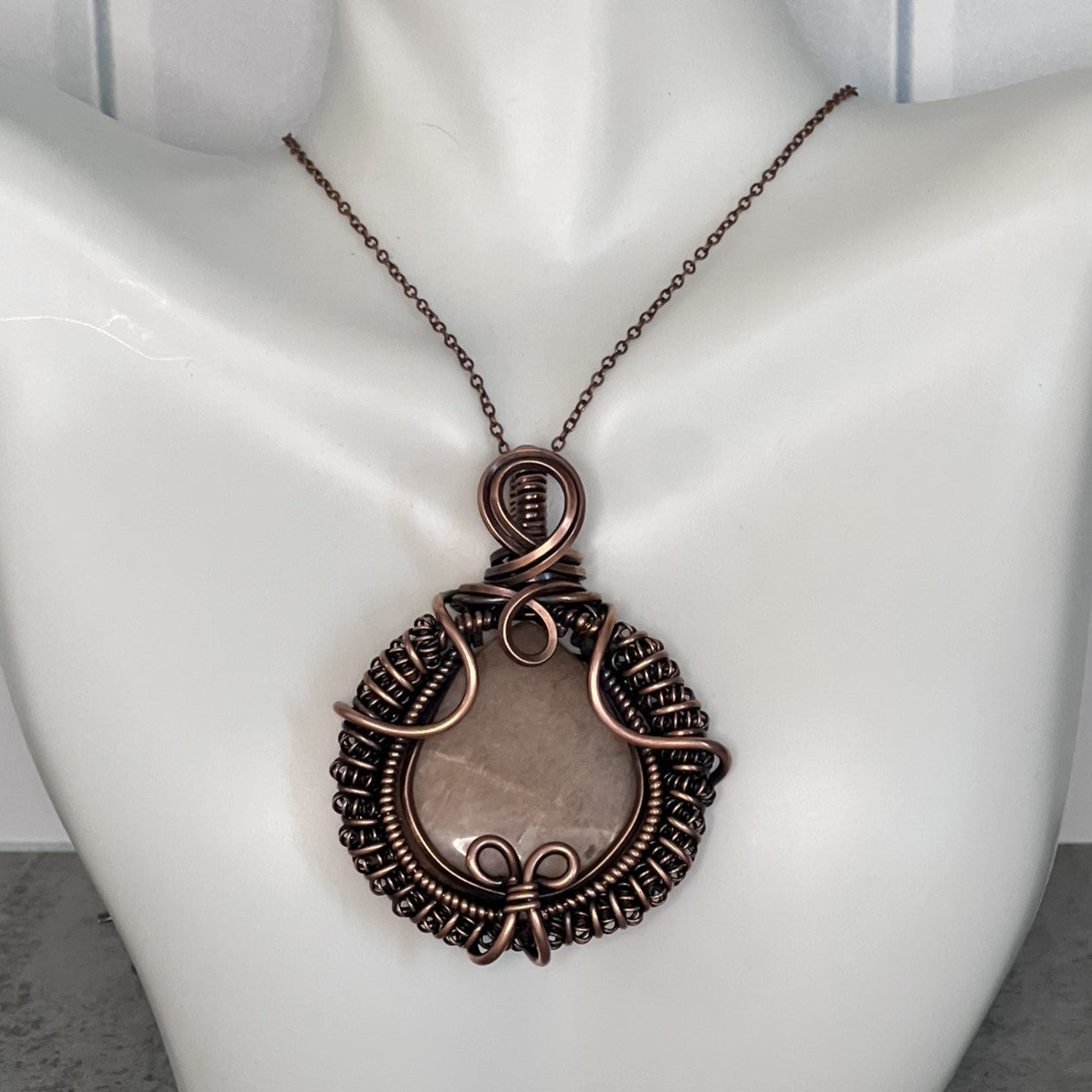 Peach Moonstone Copper Coil Wrapped Pendant