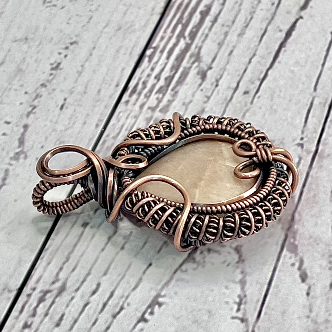 Peach Moonstone Copper Coil Wrapped Pendant