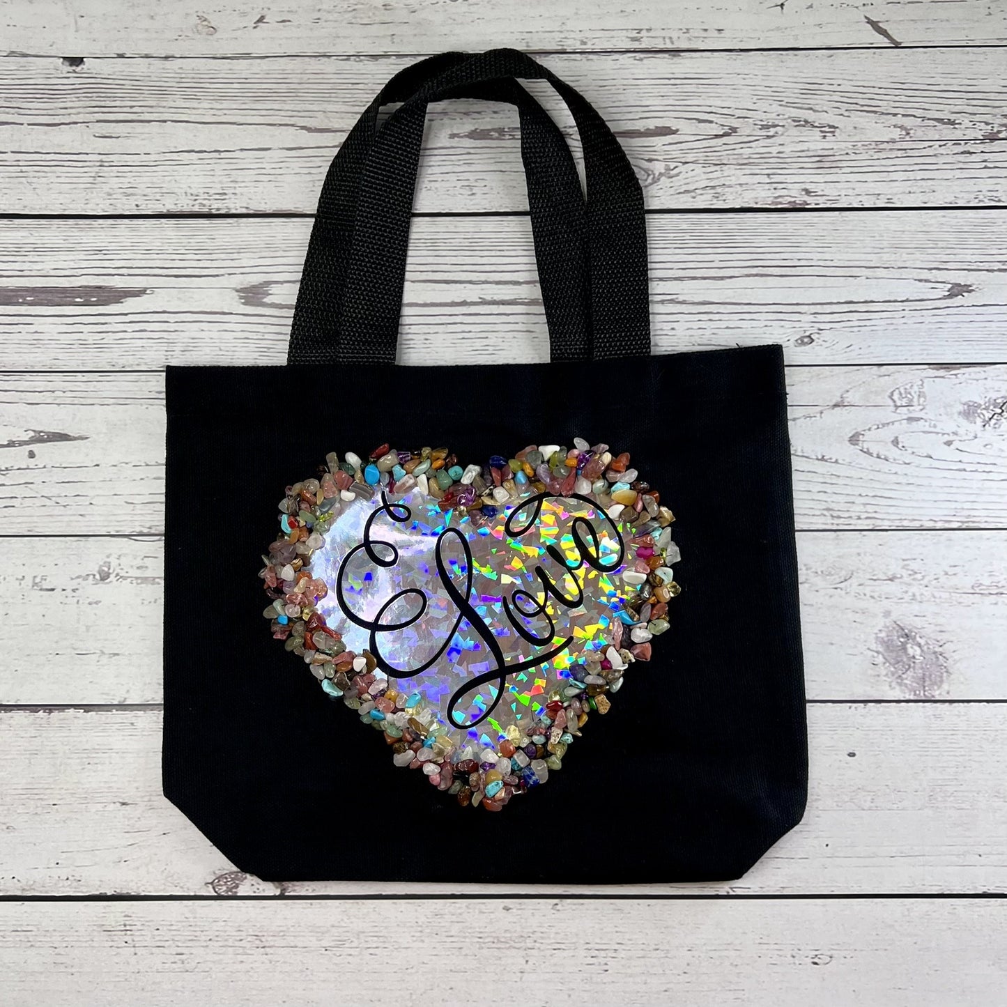 Crystal Chip Studded Black Tote with Holographic Design