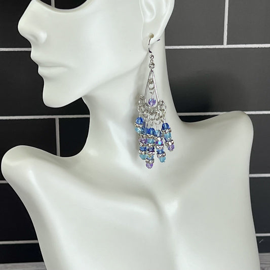 Czech Crystal Chandelier Earrings in Blue, Green, and Purple