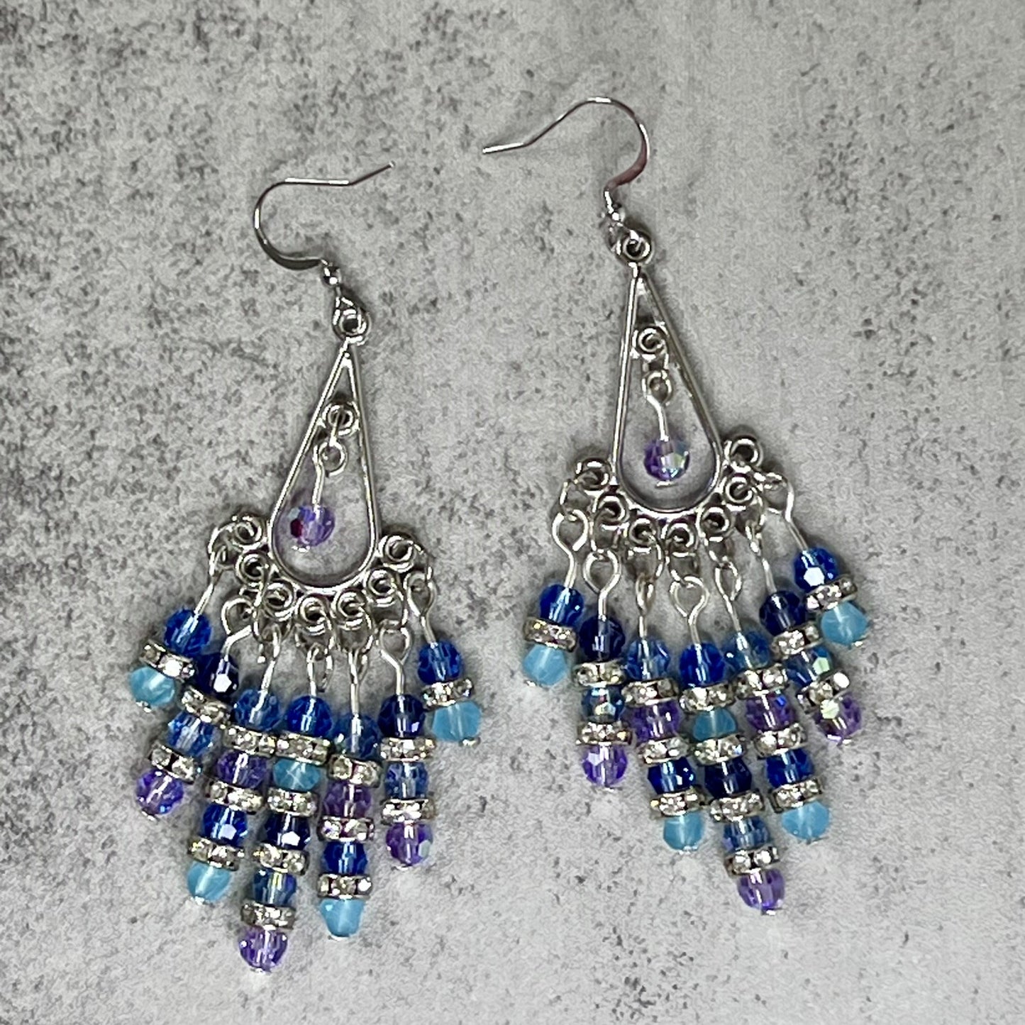 Czech Crystal Chandelier Earrings in Blue, Green, and Purple