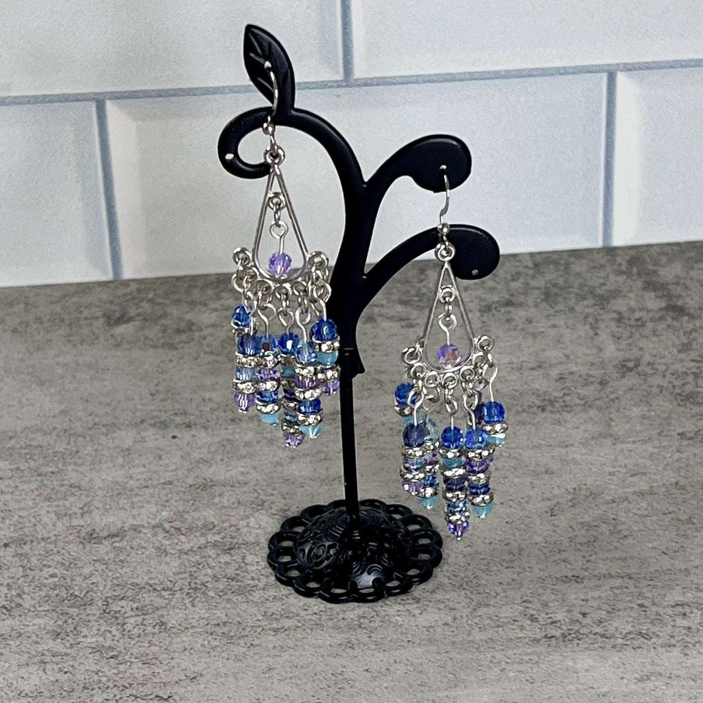 Czech Crystal Chandelier Earrings in Blue, Green, and Purple