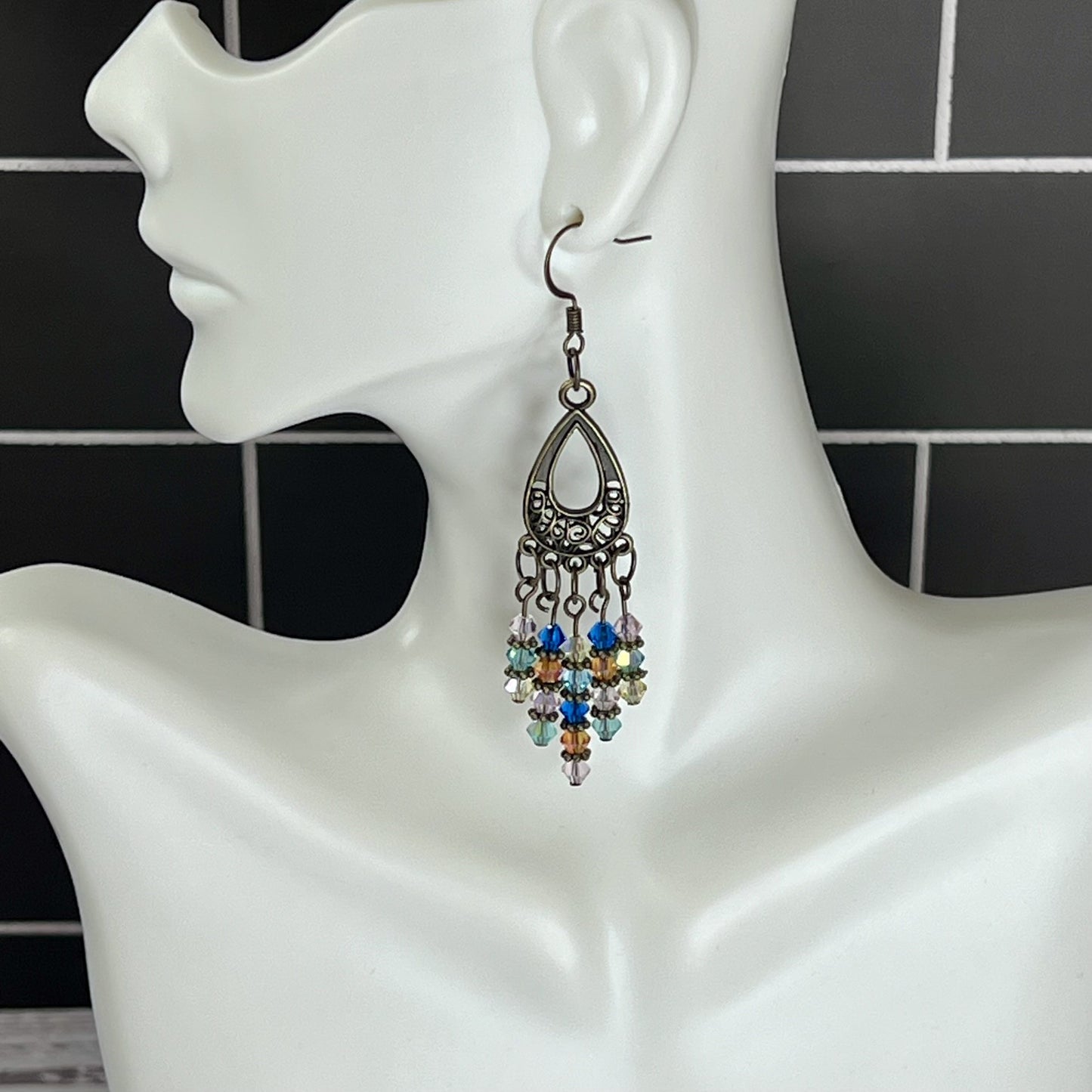 Multi-color Czech Crystal Chandlier Earrings on Brass Base.