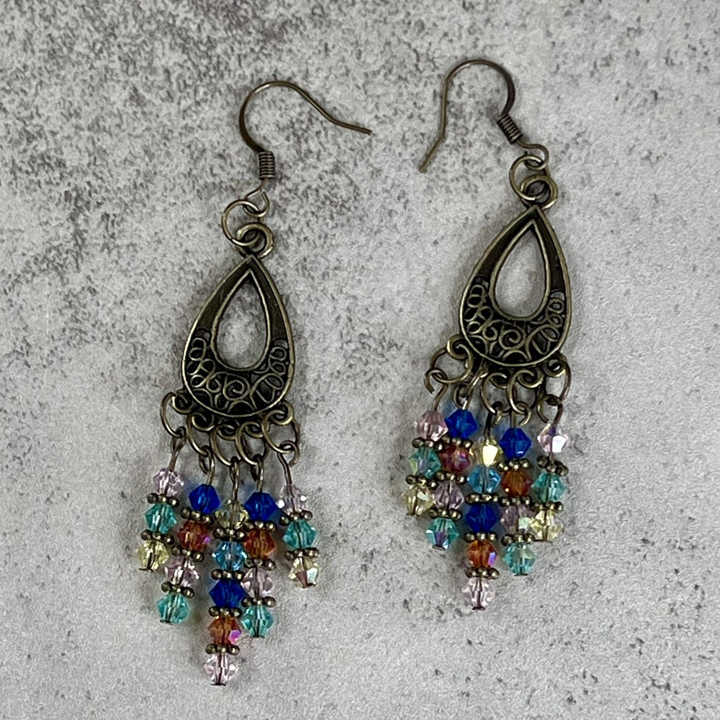 Multi-color Czech Crystal Chandlier Earrings on Brass Base.