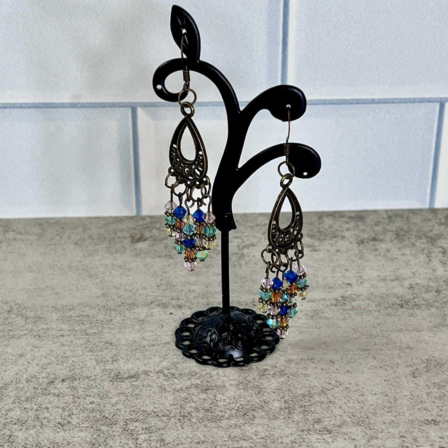 Multi-color Czech Crystal Chandlier Earrings on Brass Base.