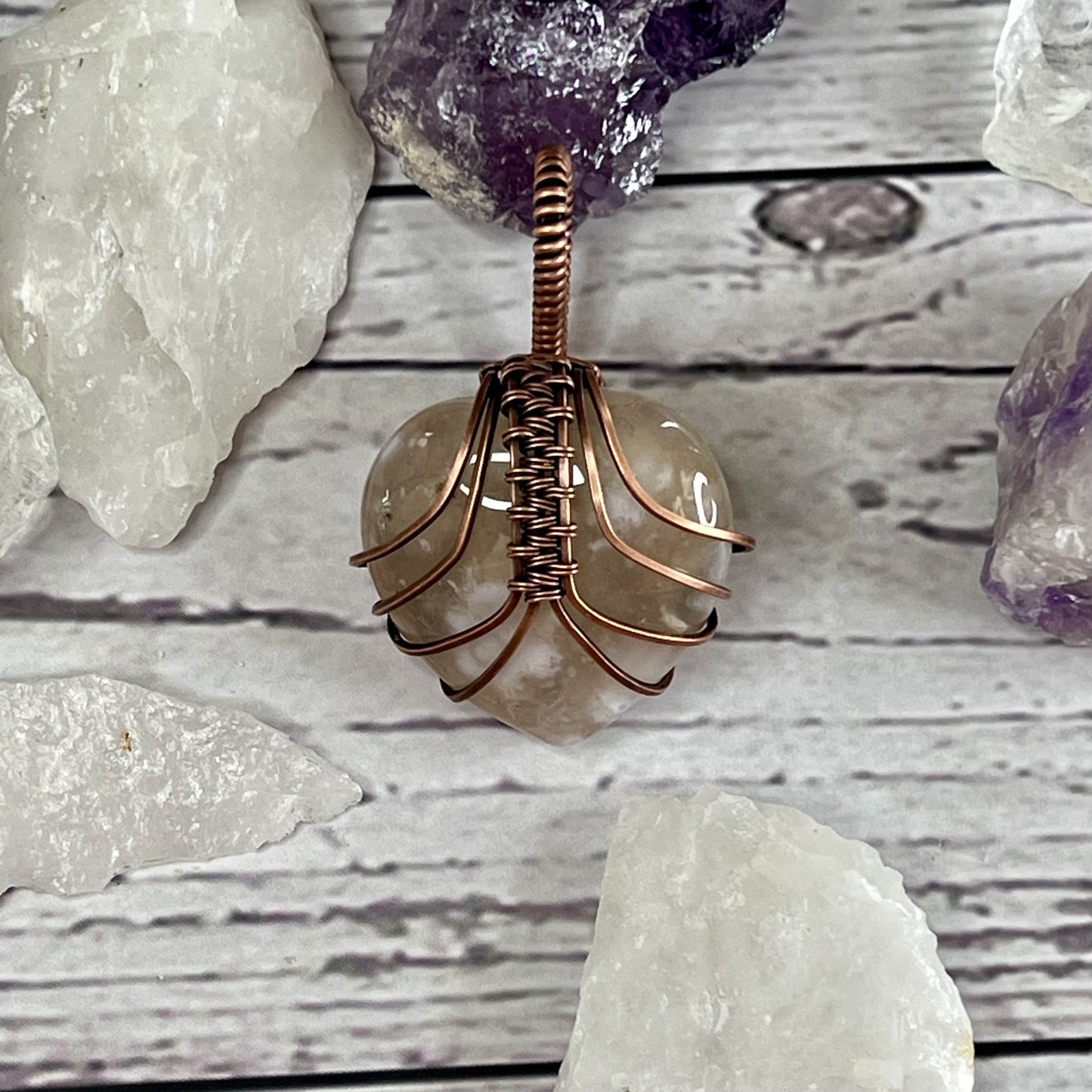 Flower Agate Heart Pendant Wrapped in Woven Copper.