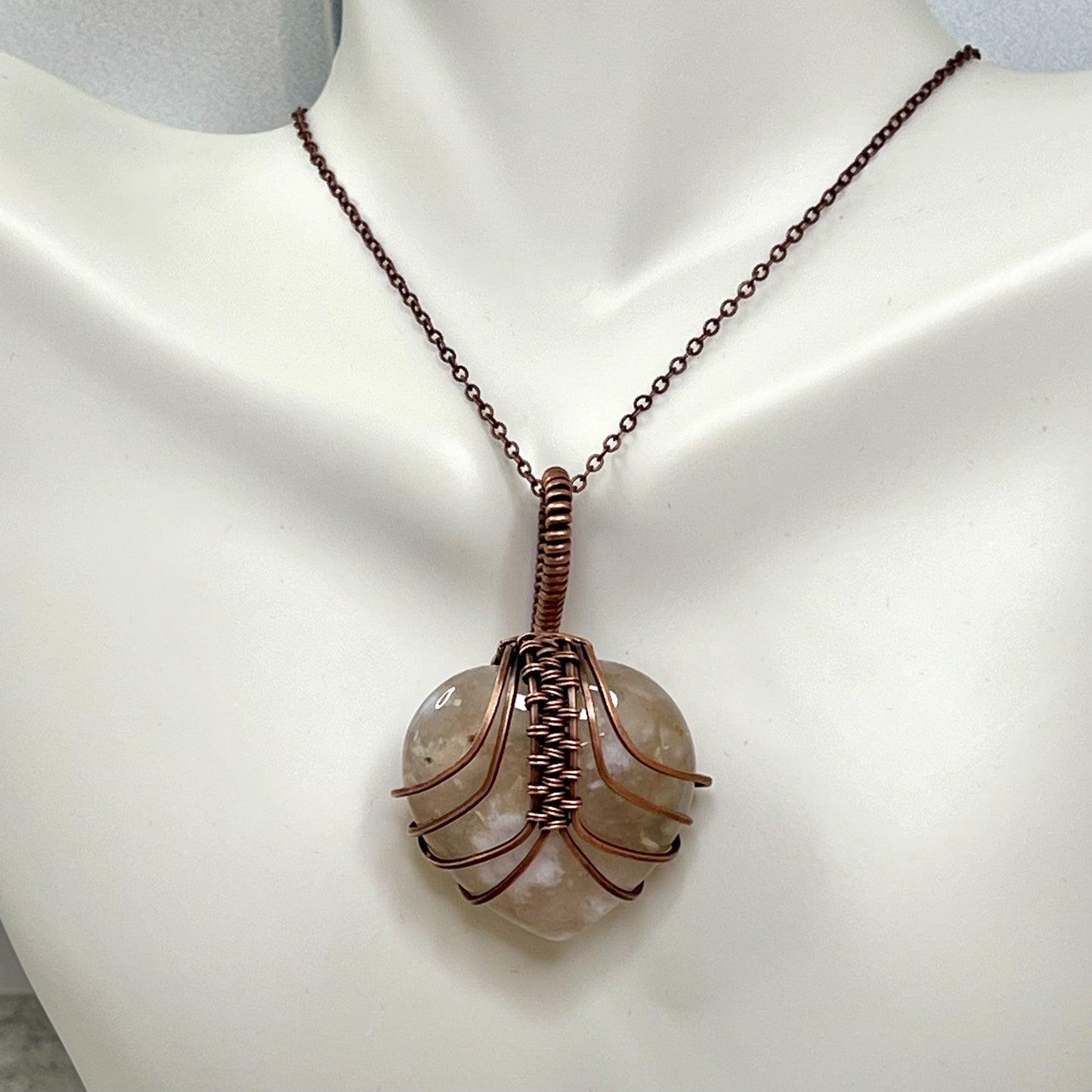 Flower Agate Heart Pendant Wrapped in Woven Copper.