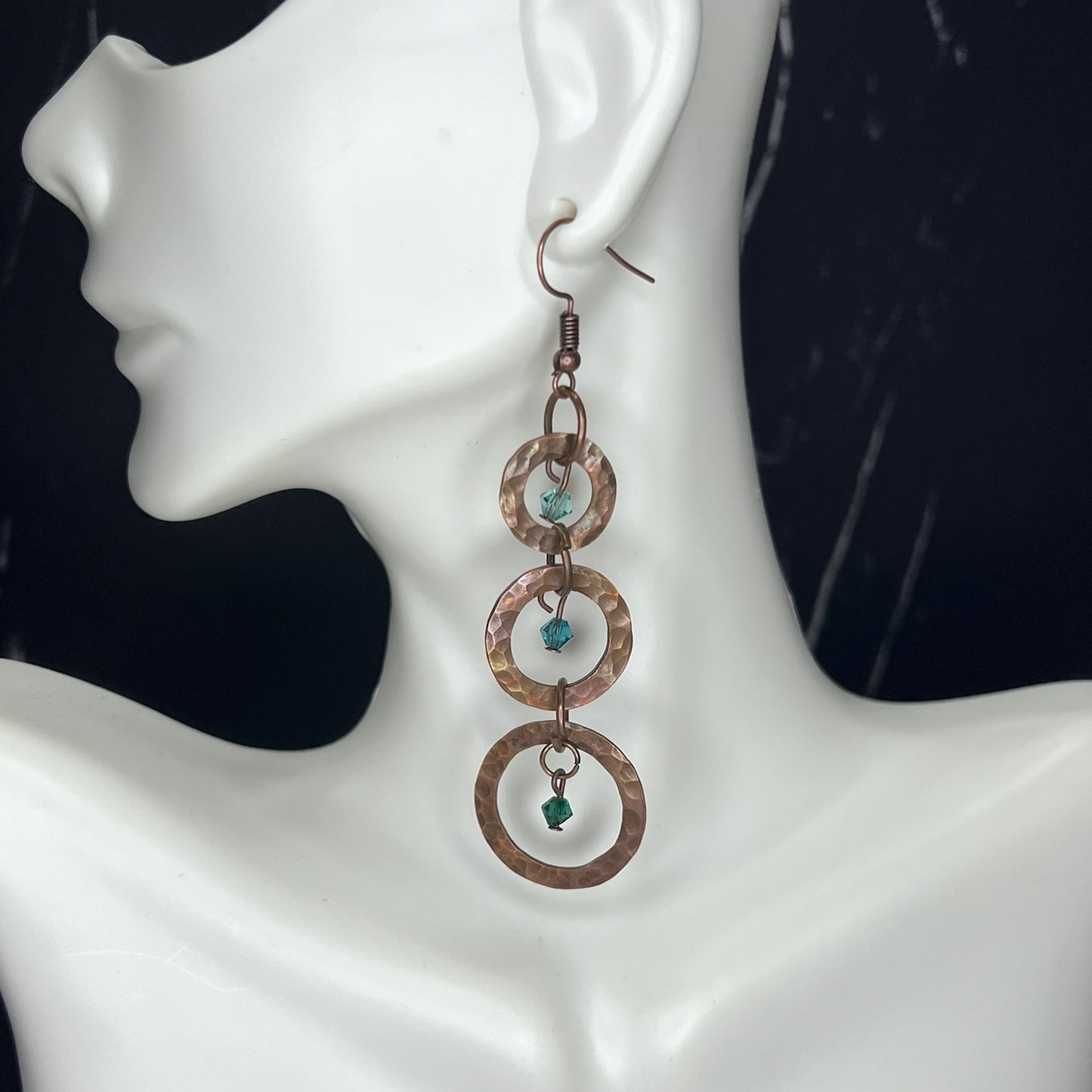 Hammered Copper Triple-Ring Earrings with Green Czech Crystal Accents