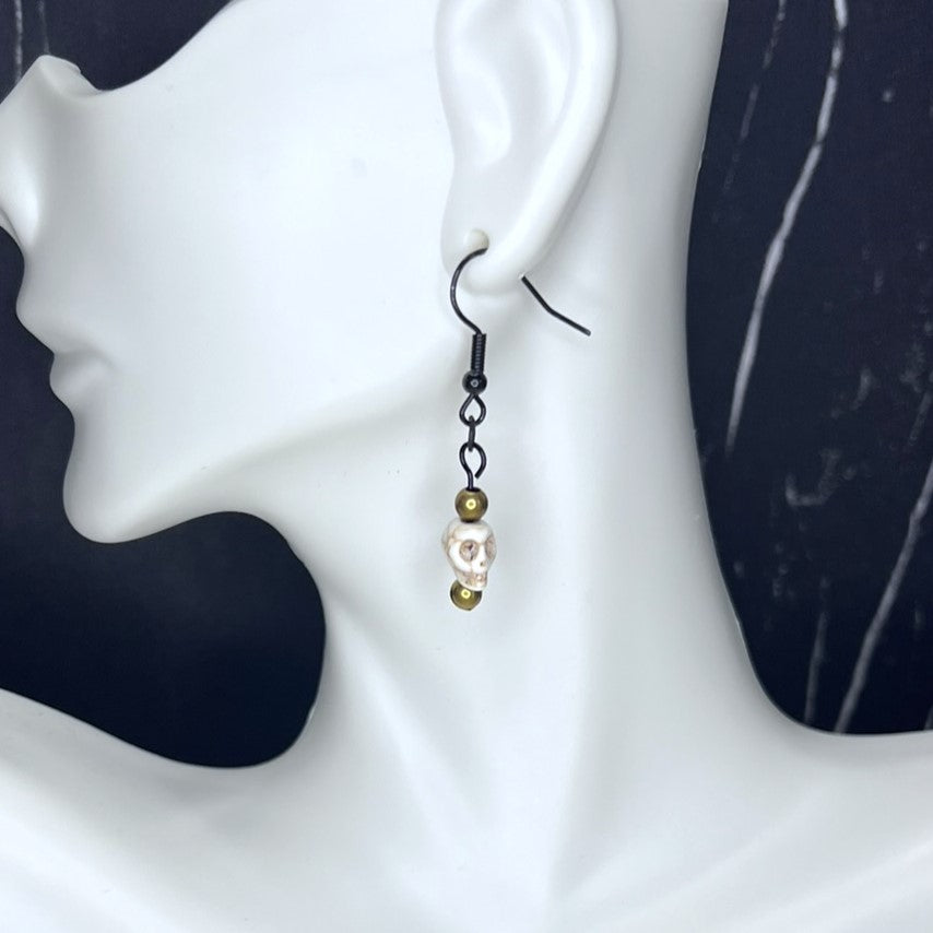 Howlite Skull Earrings with Gold Accent