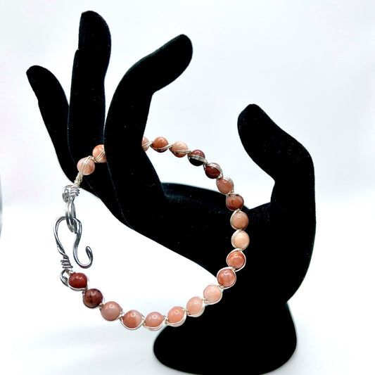 Aventurine Woven Bracelet with Circle and Hook Clasp in Pink